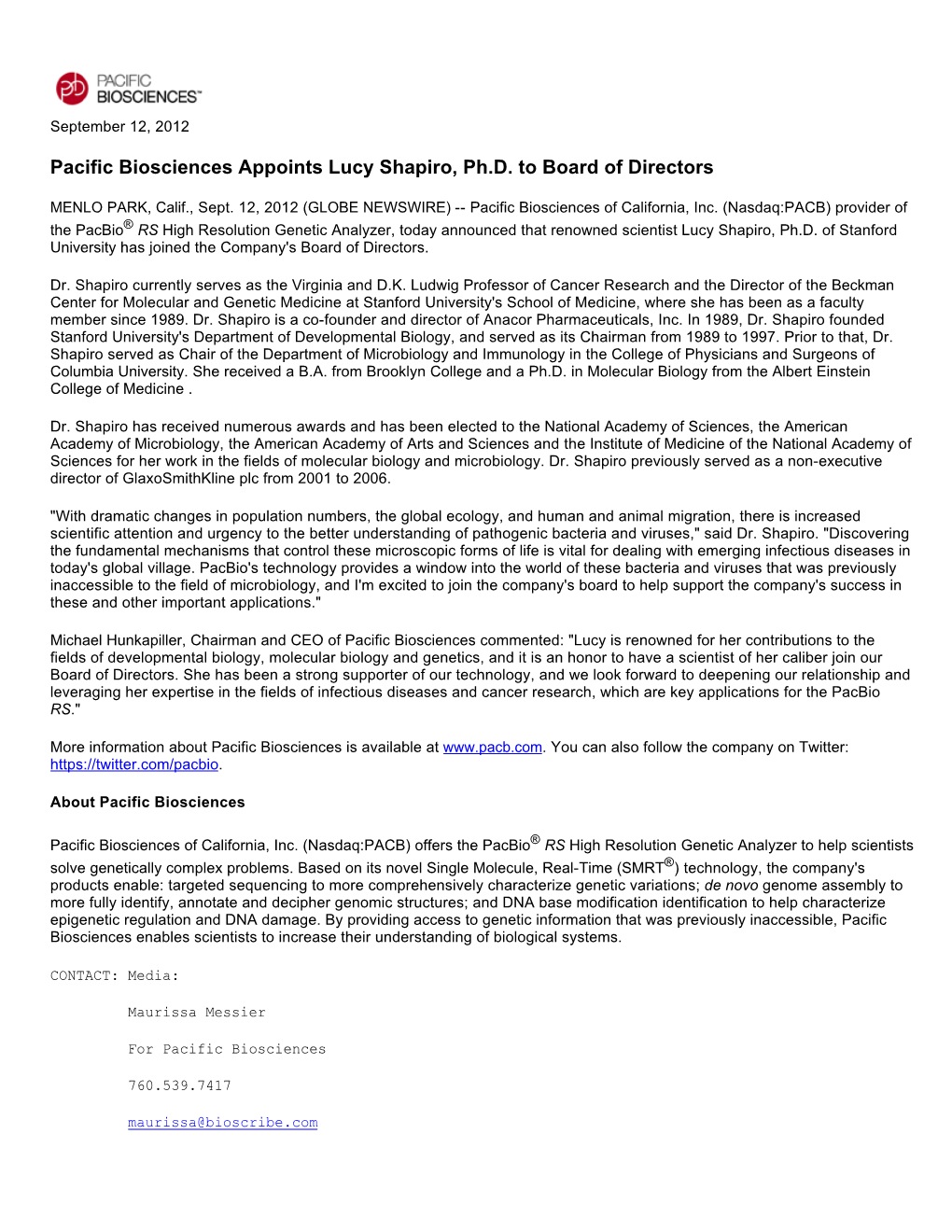 Pacific Biosciences Appoints Lucy Shapiro, Ph.D. to Board of Directors