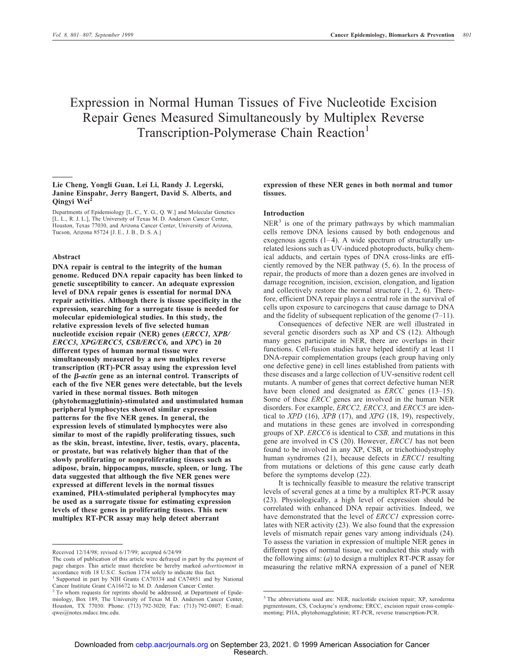 Expression in Normal Human Tissues of Five Nucleotide Excision Repair Genes Measured Simultaneously by Multiplex Reverse Transcription-Polymerase Chain Reaction1