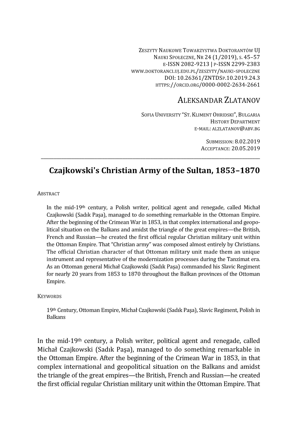 Czajkowski's Christian Army of the Sultan, 1853-1870