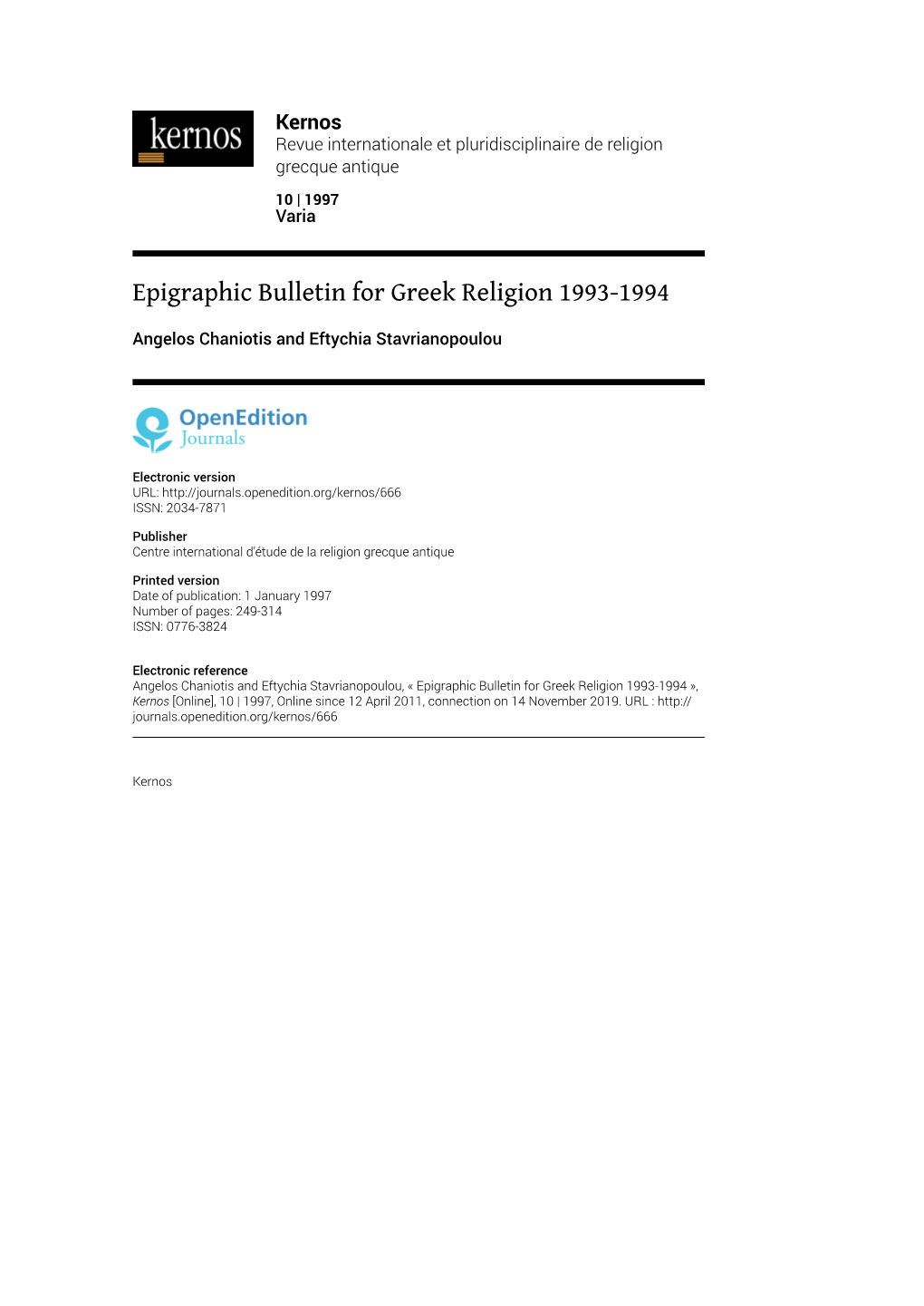 Epigraphic Bulletin for Greek Religion 1993-1994