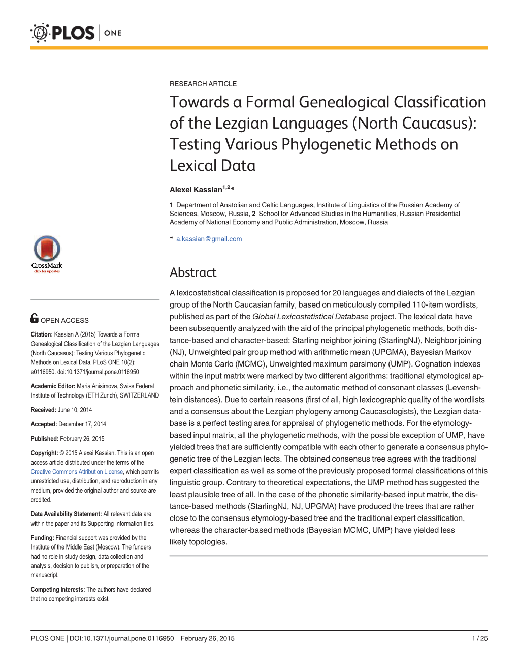 Towards a Formal Genealogical Classification of the Lezgian Languages (North Caucasus): Testing Various Phylogenetic Methods on Lexical Data