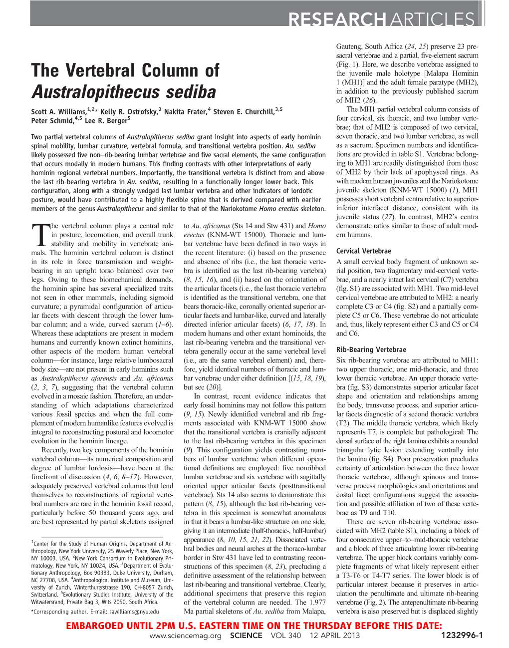 The Vertebral Column of Australopithecus Sediba