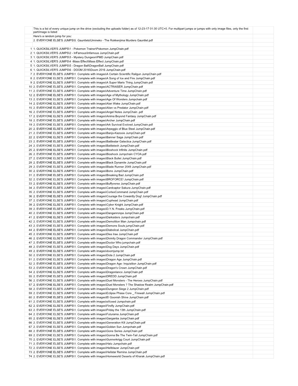 This Is a List of Every Unique Jump on the Drive (Excluding the Uploads Folder) As of 12-23-17 01:30 UTC+0