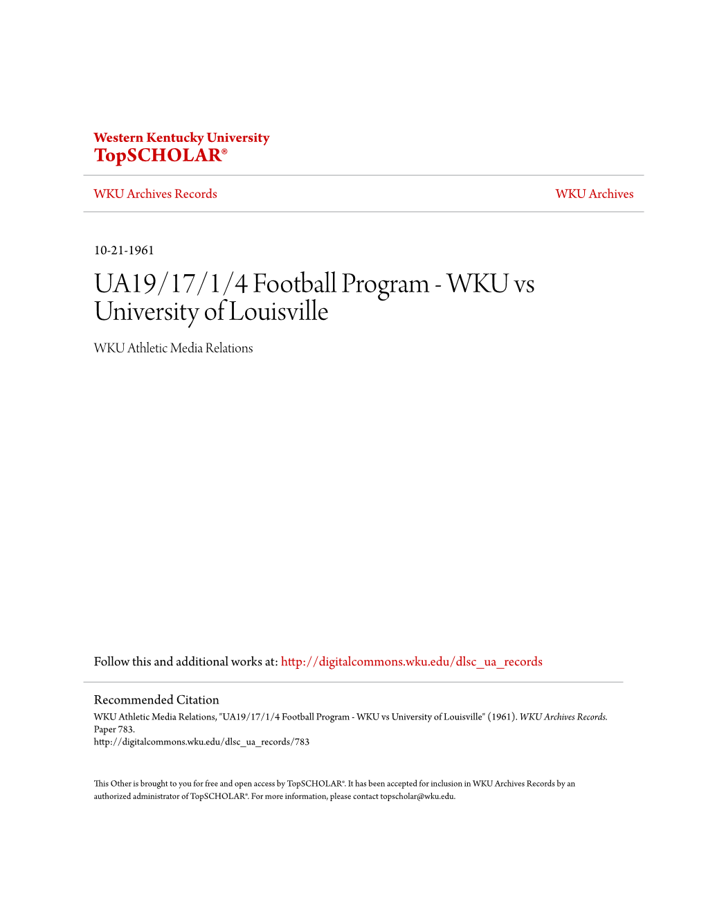 UA19/17/1/4 Football Program - WKU Vs University of Louisville WKU Athletic Media Relations