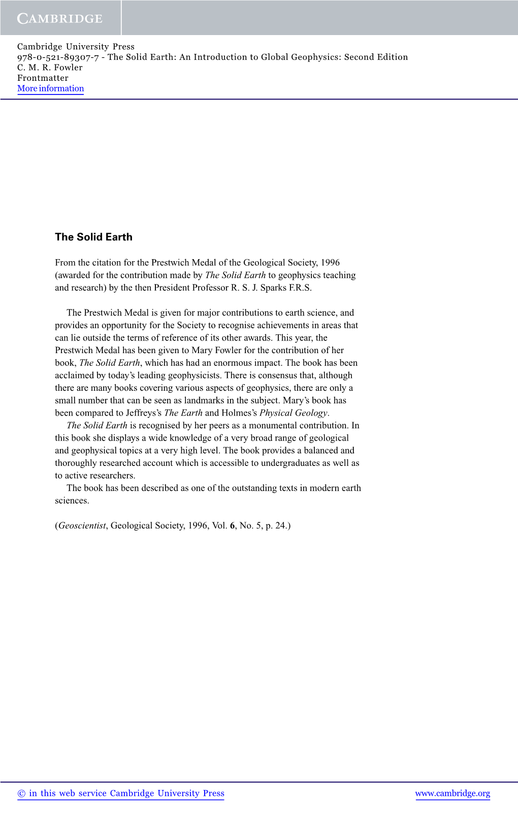 The Solid Earth: an Introduction to Global Geophysics: Second Edition C