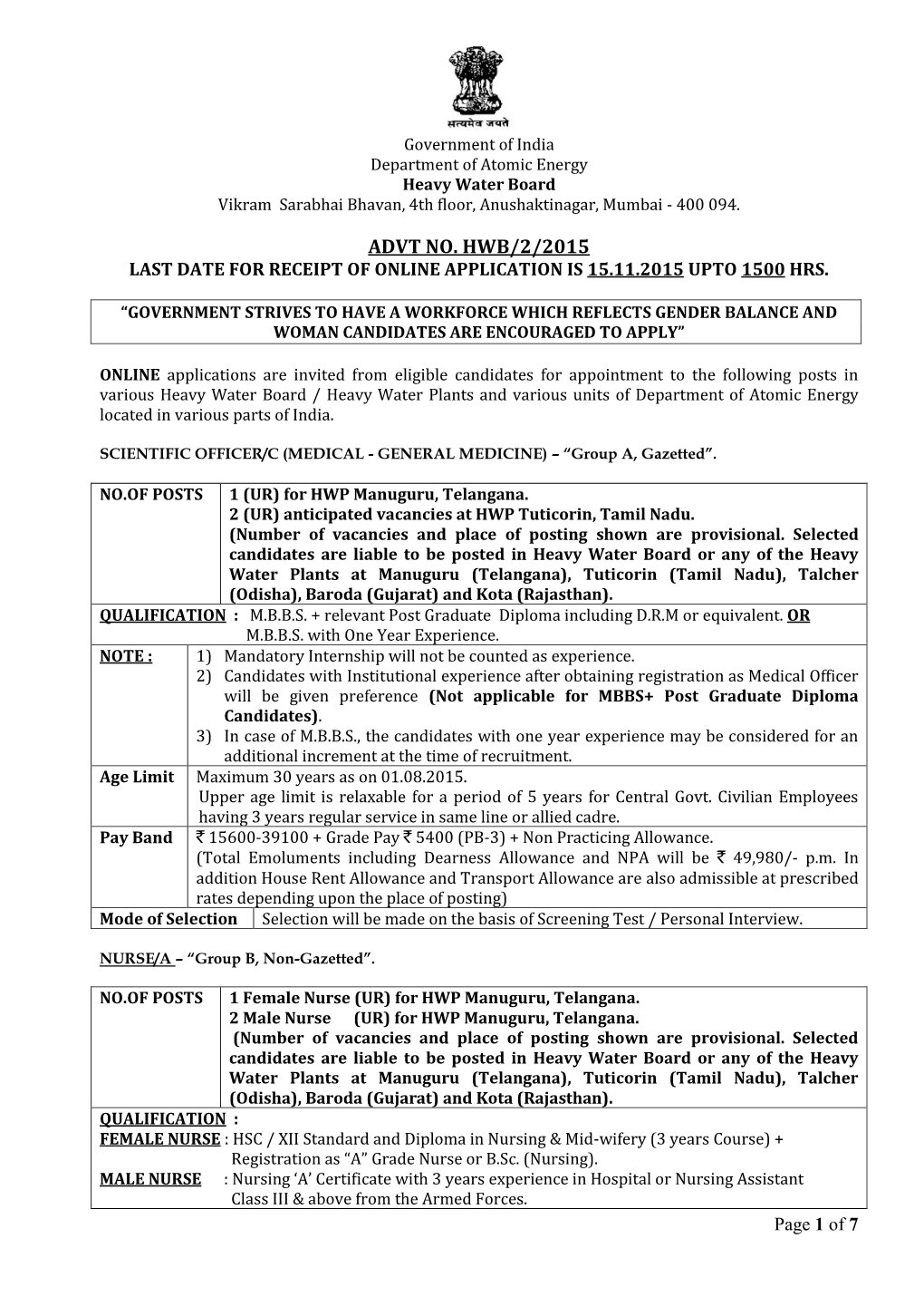 Government of India Department of Atomic Energy Heavy Water Board Vikram Sarabhai Bhavan, 4Th Floor, Anushaktinagar, Mumbai - 400 094