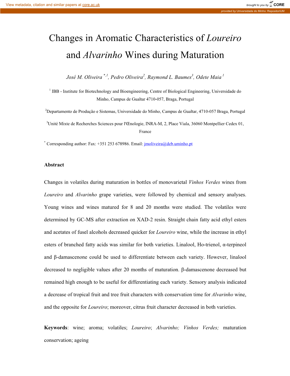 Changes in Aromatic Characteristics of Loureiro and Alvarinho Wines During Maturation