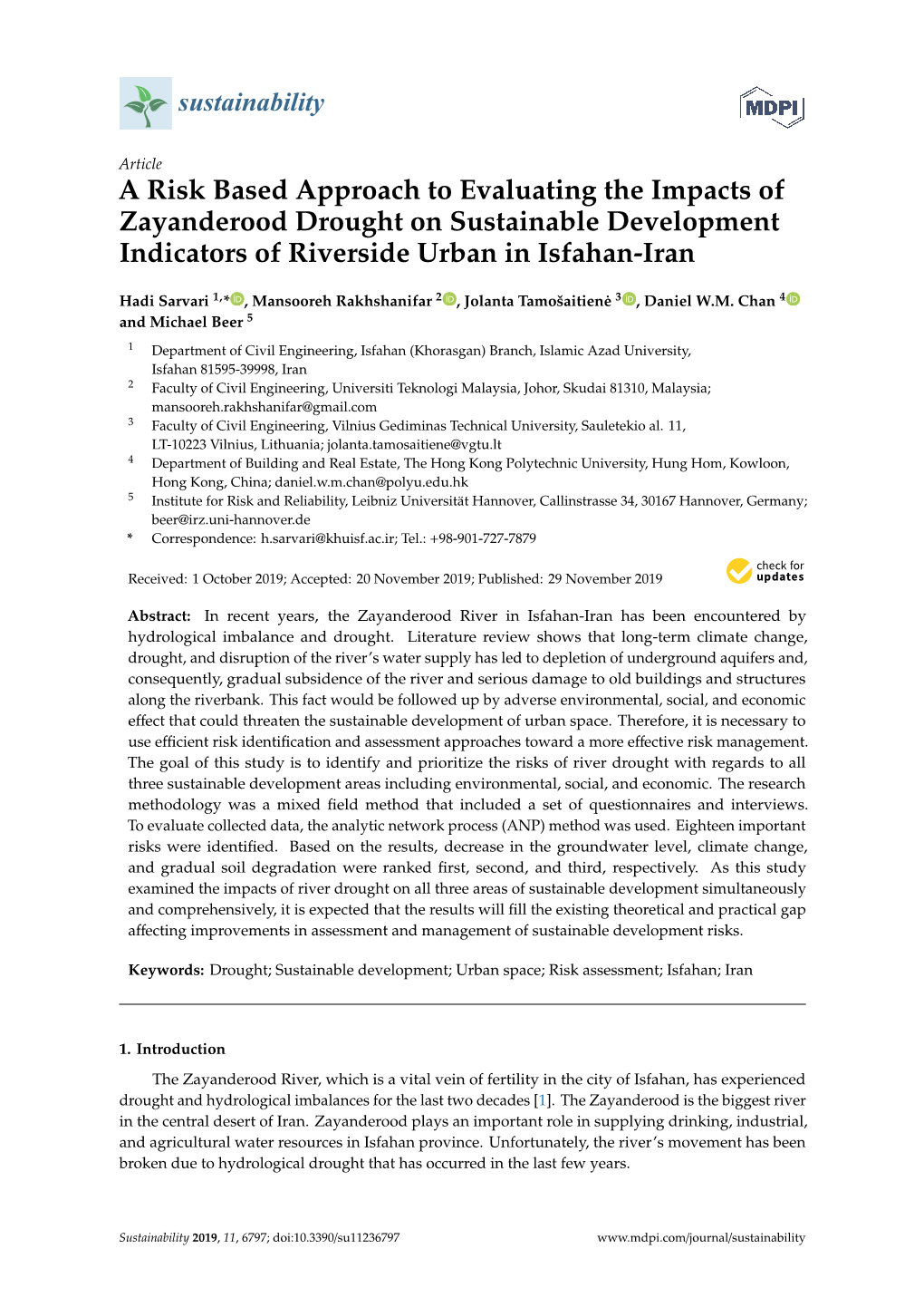 A Risk Based Approach to Evaluating the Impacts of Zayanderood Drought on Sustainable Development Indicators of Riverside Urban in Isfahan-Iran