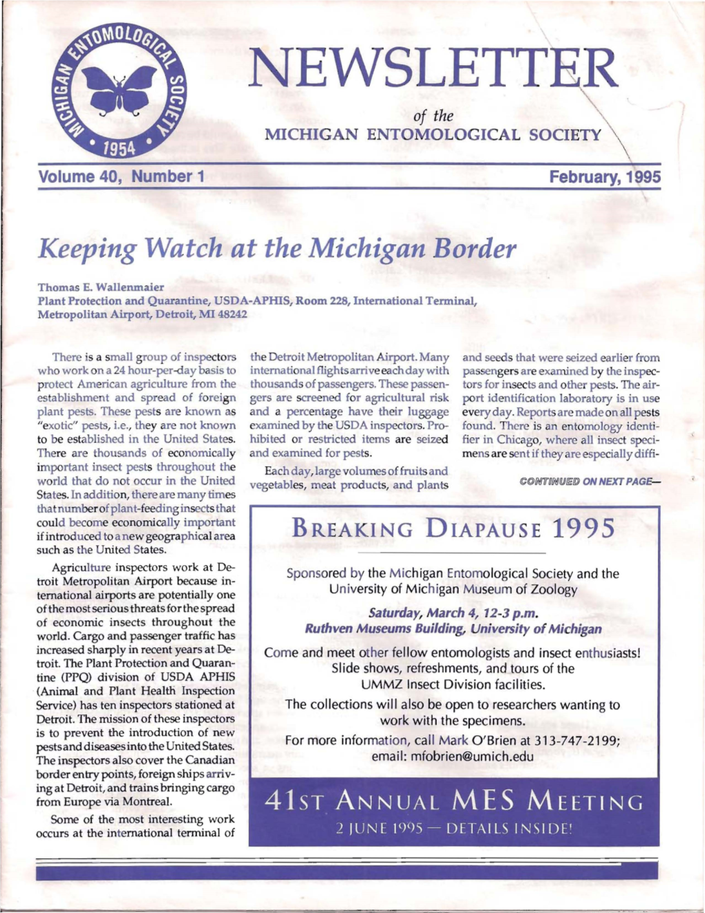 NEWSLETTER of the \ MICHIGAN ENTOMOLOGICAL SOCIETY