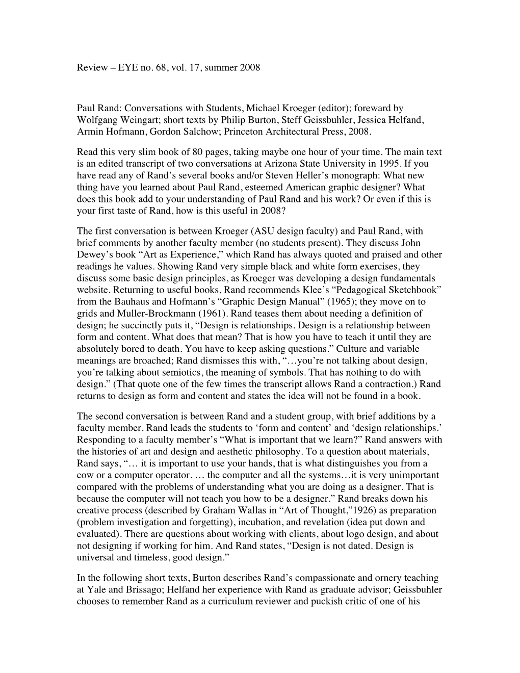 Review – EYE No. 68, Vol. 17, Summer 2008 Paul Rand