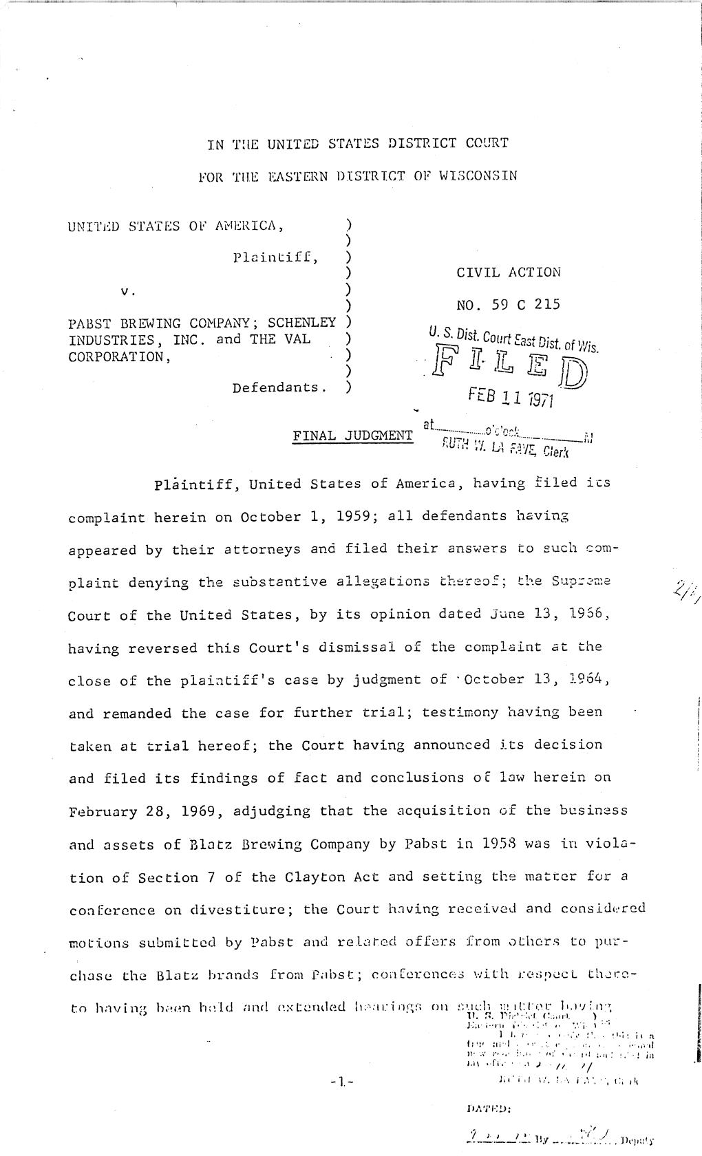 Final Judgment: U.S. V. Pabst Brewing Company, Et