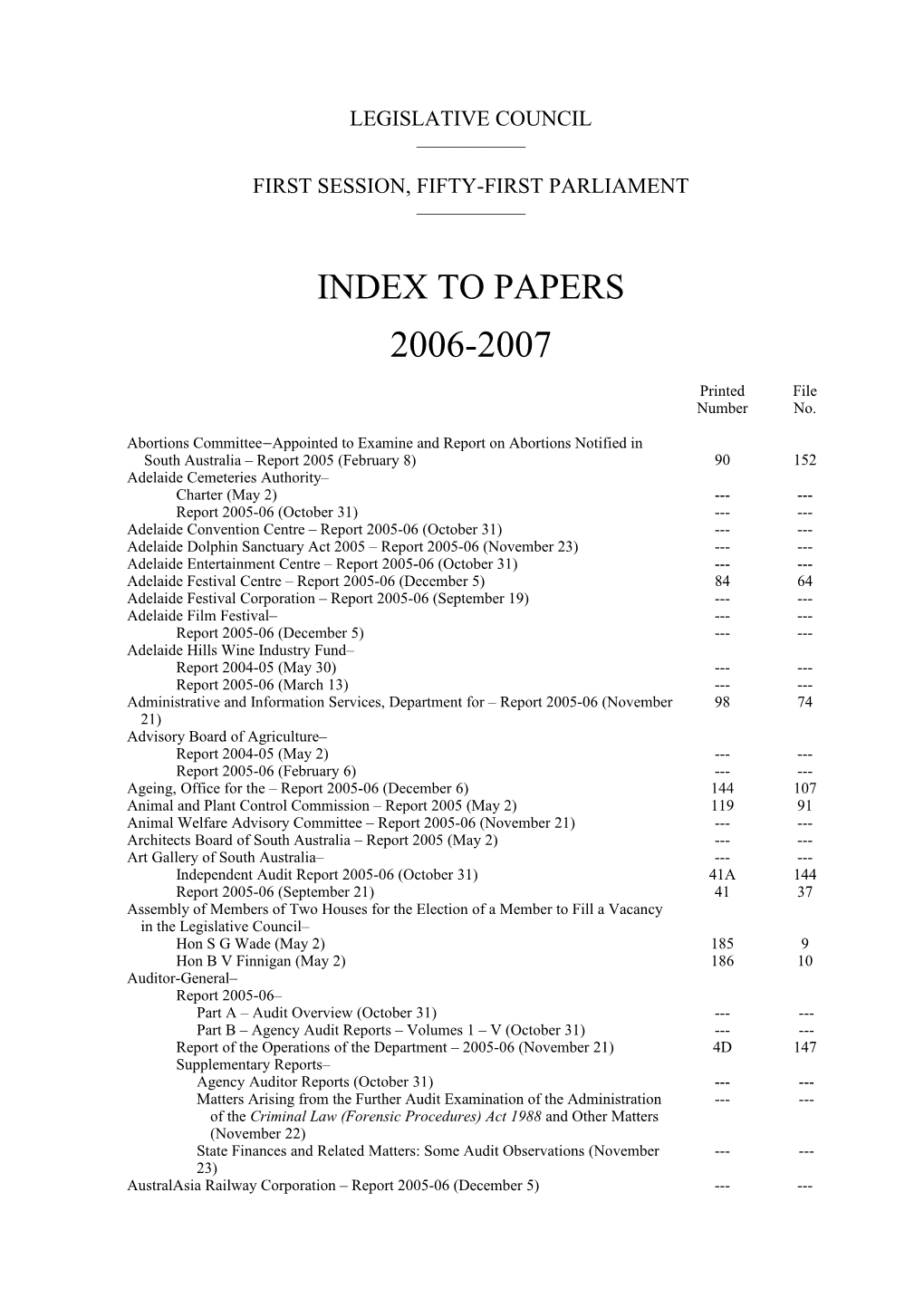 Papers, Weekly Index 2006-2007