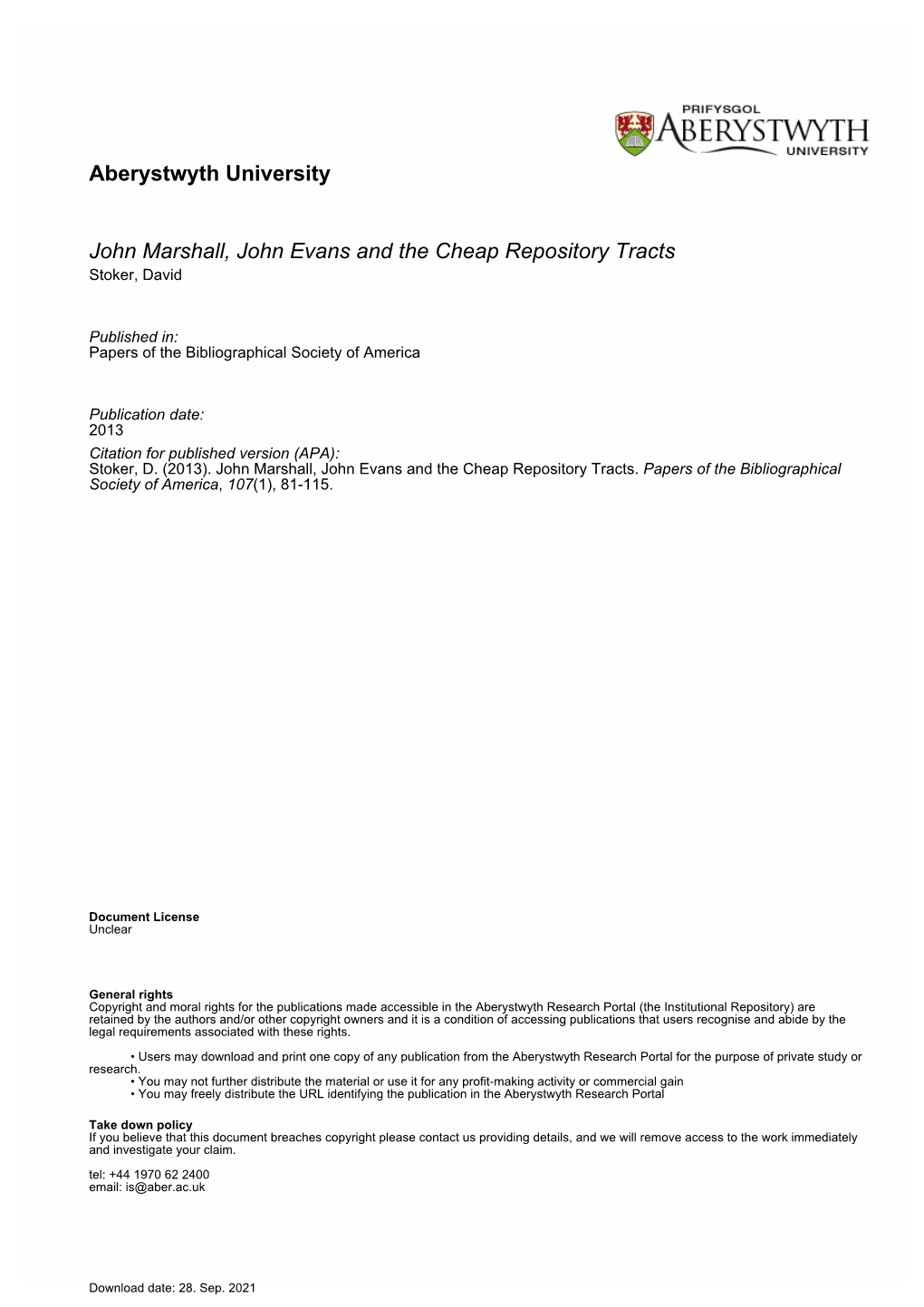 John Marshall, John Evans and the Cheap Repository Tracts Stoker, David