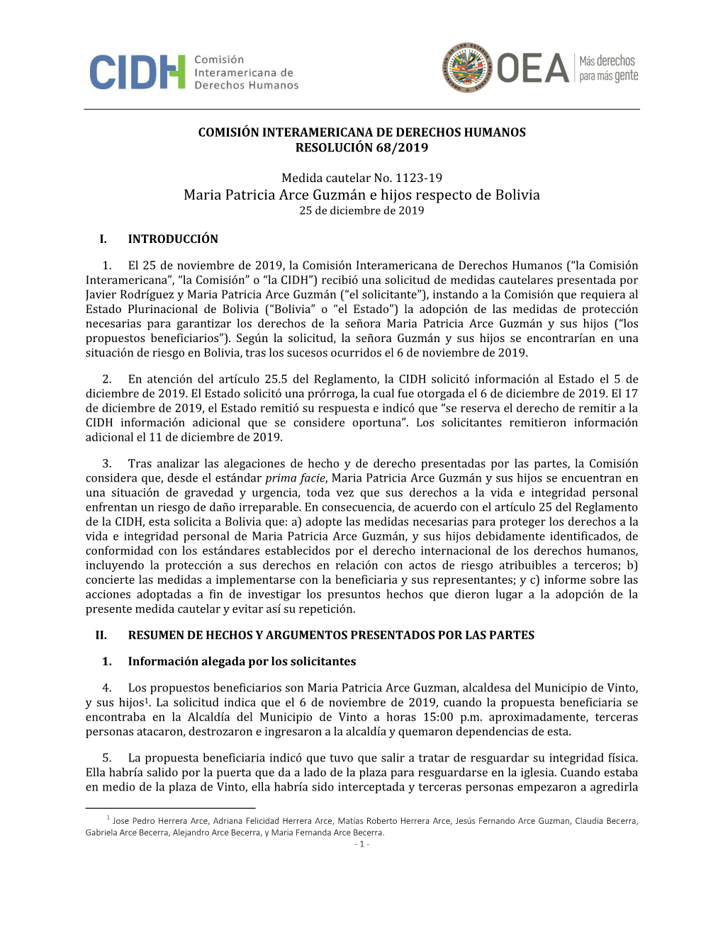 Maria Patricia Arce Guzmán E Hijos Respecto De Bolivia 25 De Diciembre De 2019