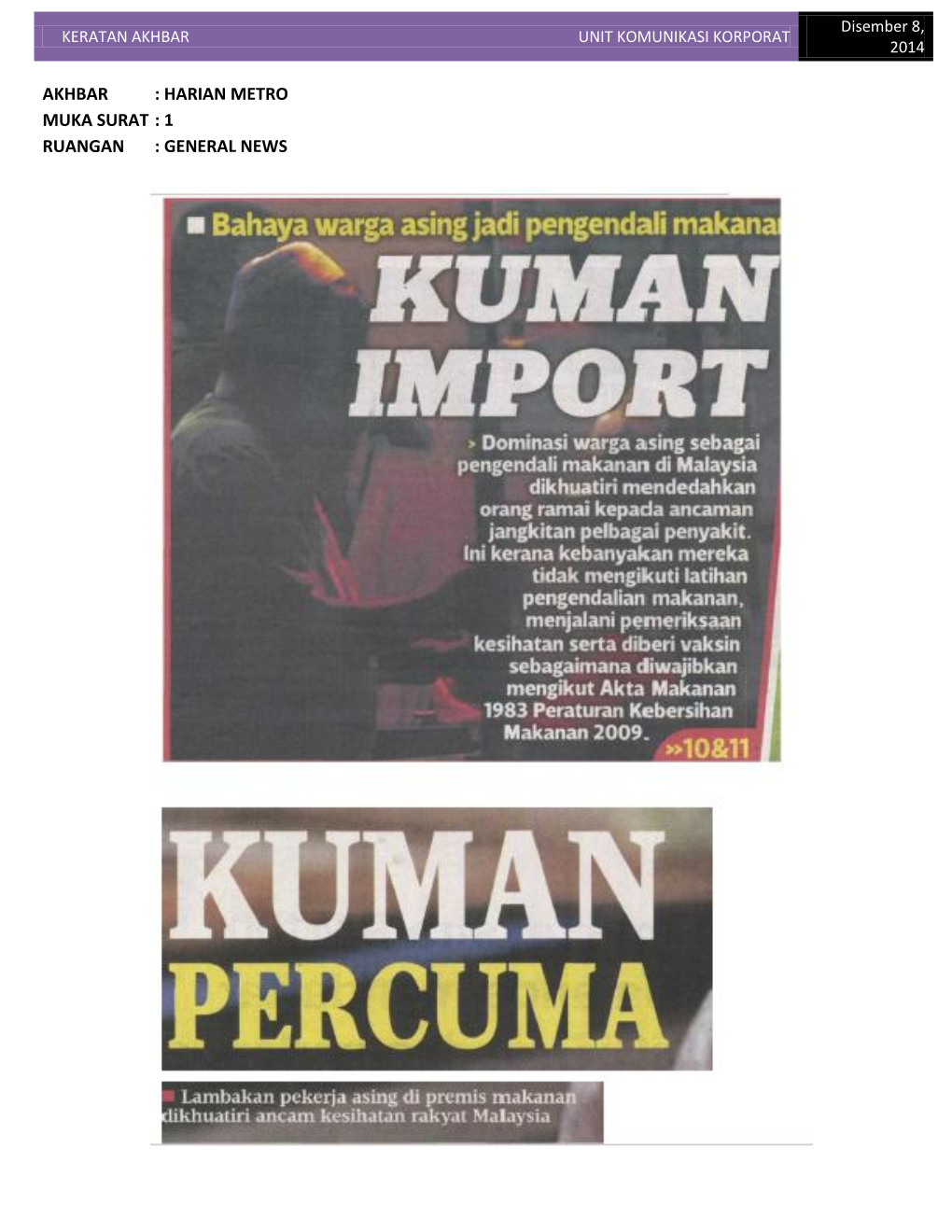 Keratan Akhbar Unit Komunikasi Korporat 2014