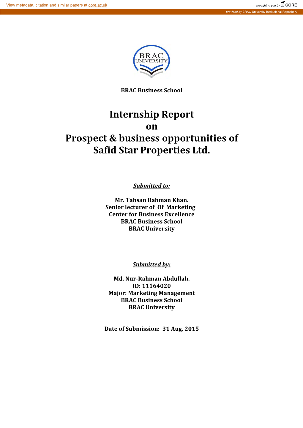 Internship Report on Prospect & Business Opportunities of Safid Star Properties Ltd