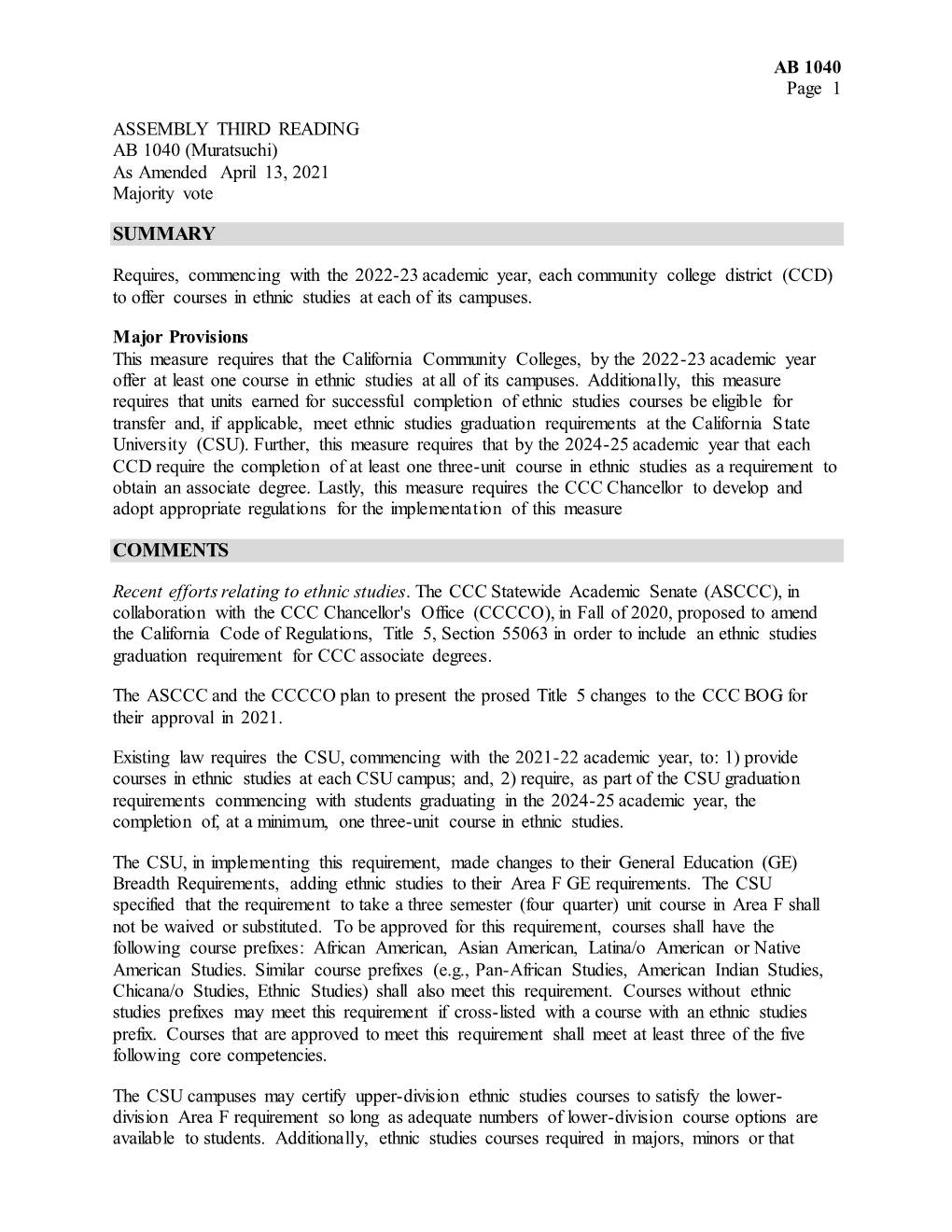 Assembly Bill Third Reading Analysis