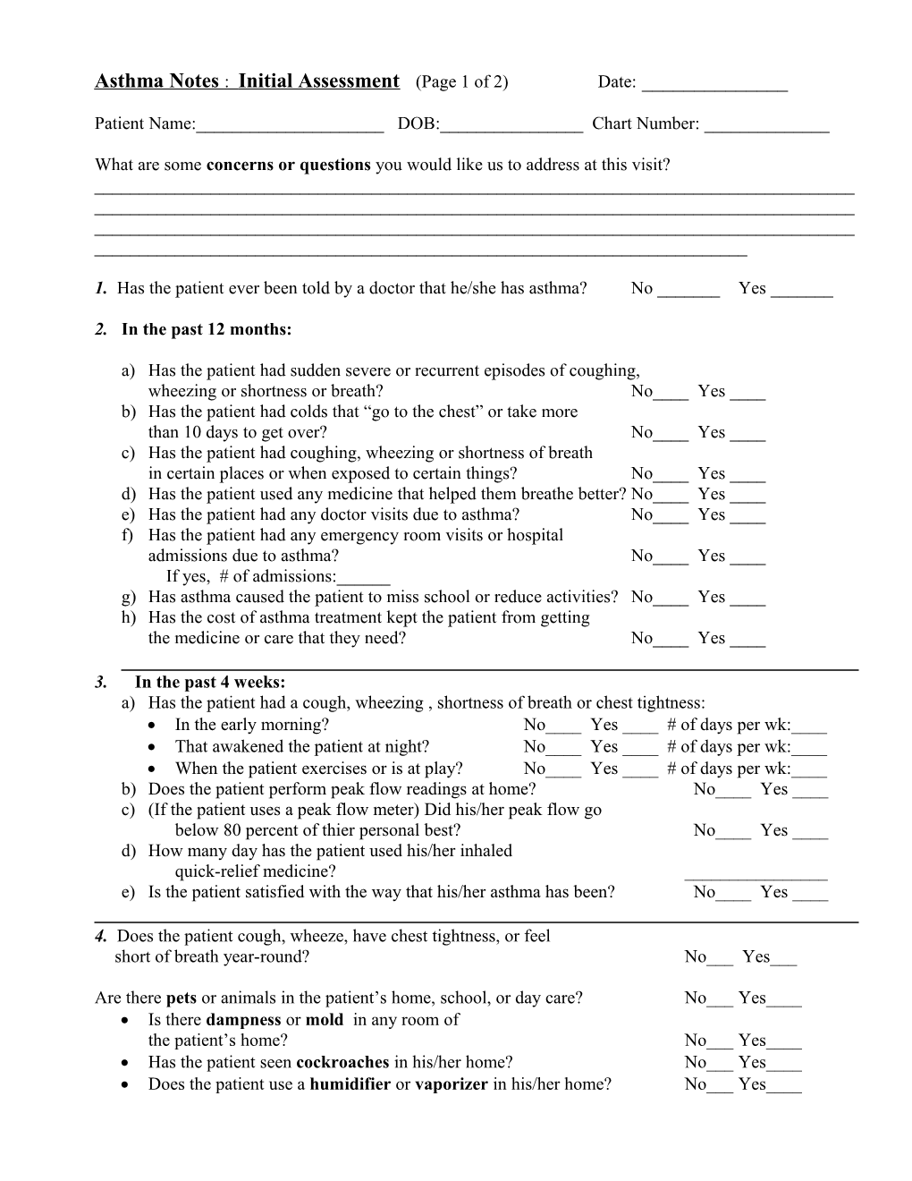 Asthma Notes : Initial Assessment (Page 1 of 2) Date: ______