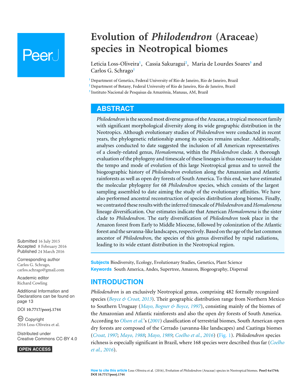 Evolution of Philodendron (Araceae) Species in Neotropical Biomes