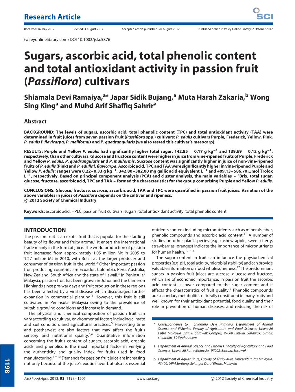 Sugars, Ascorbic Acid, Total Phenolic Content and Total Antioxidant Activity