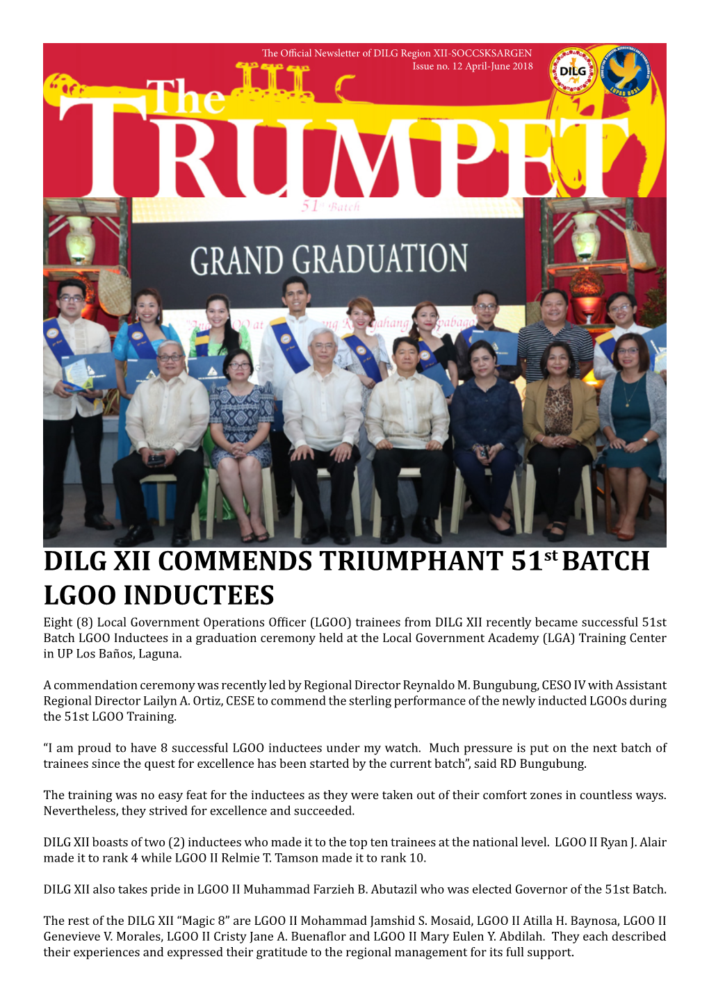 DILG XII COMMENDS TRIUMPHANT 51St BATCH LGOO INDUCTEES