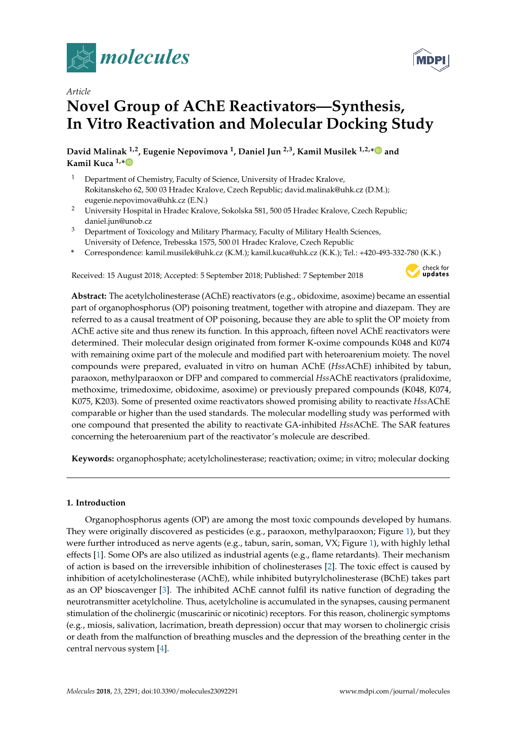 Novel Group of Ache Reactivators—Synthesis, in Vitro Reactivation and Molecular Docking Study