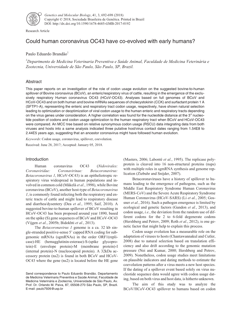 Could Human Coronavirus OC43 Have Co-Evolved with Early Humans?