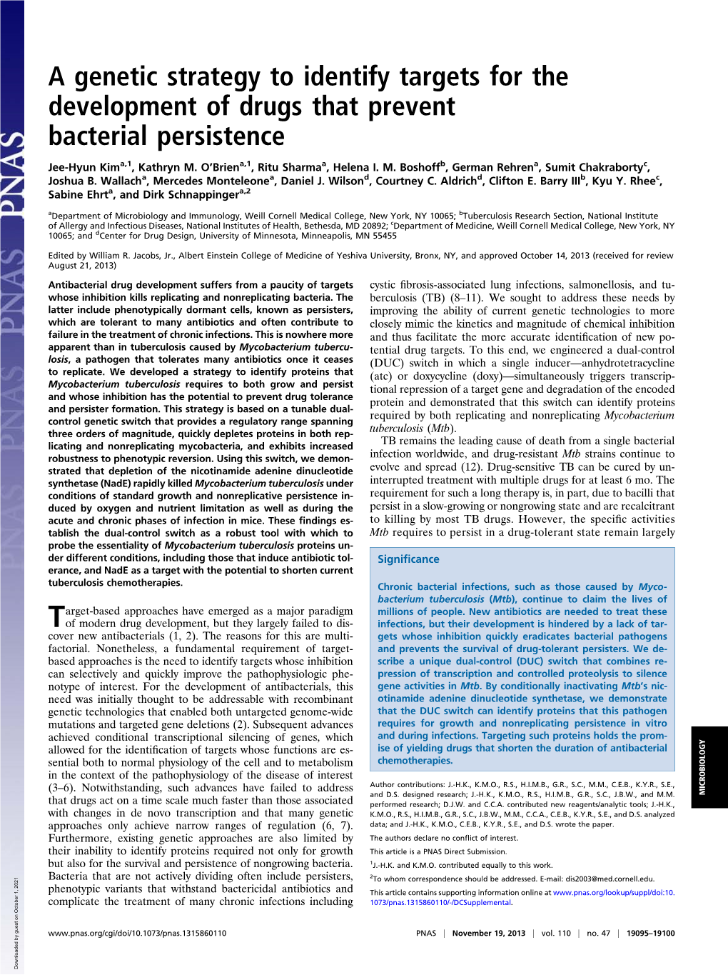 A Genetic Strategy to Identify Targets for the Development of Drugs That Prevent Bacterial Persistence