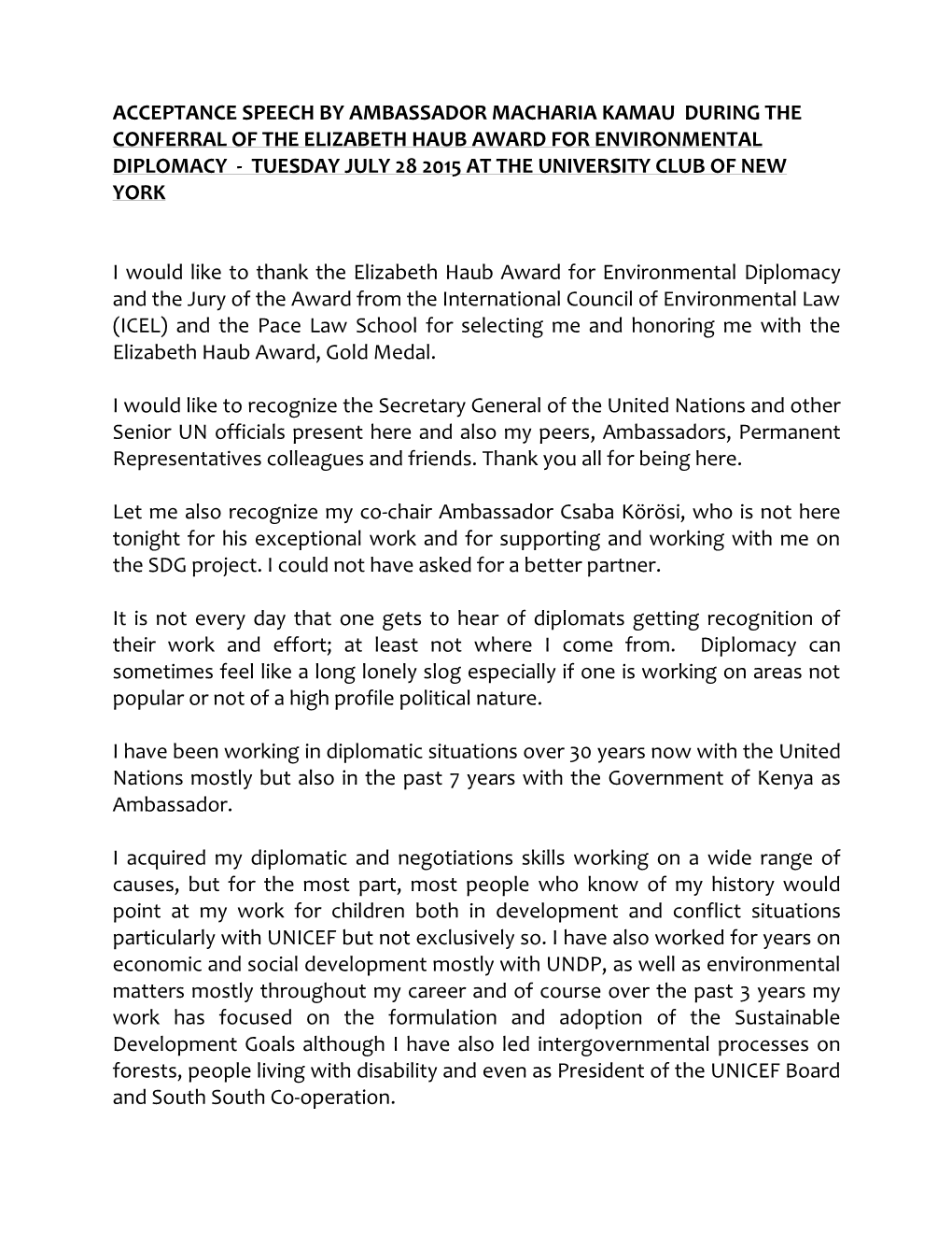 Acceptance Speech by Ambassador Macharia