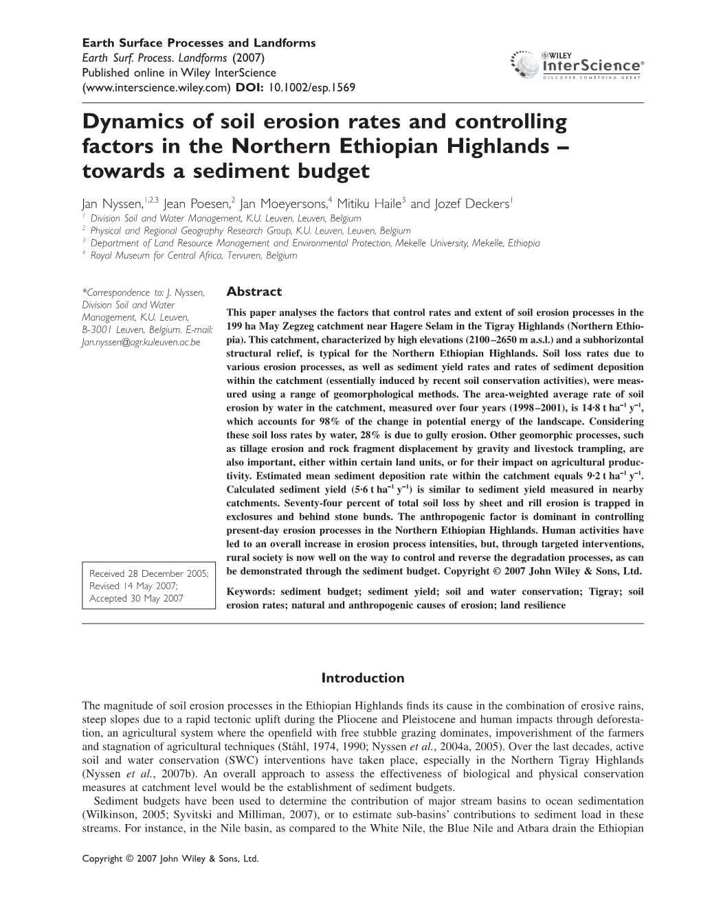 Dynamics of Soil Erosion Rates and Controlling Factors in the Northern Ethiopian Highlands – Towards a Sediment Budget