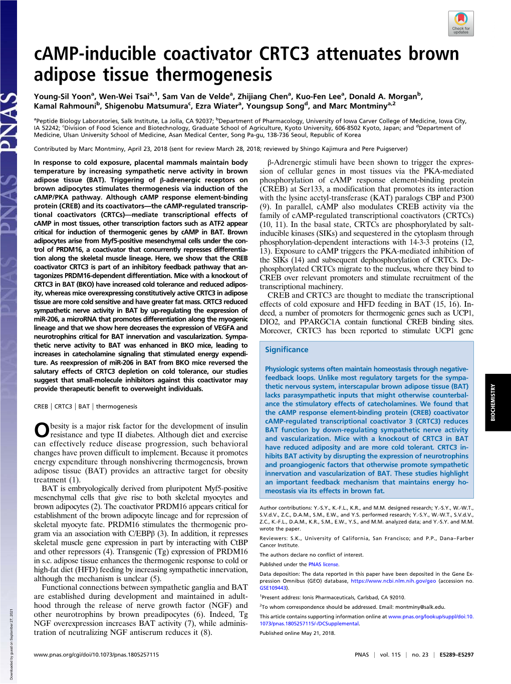 Camp-Inducible Coactivator CRTC3 Attenuates Brown Adipose Tissue