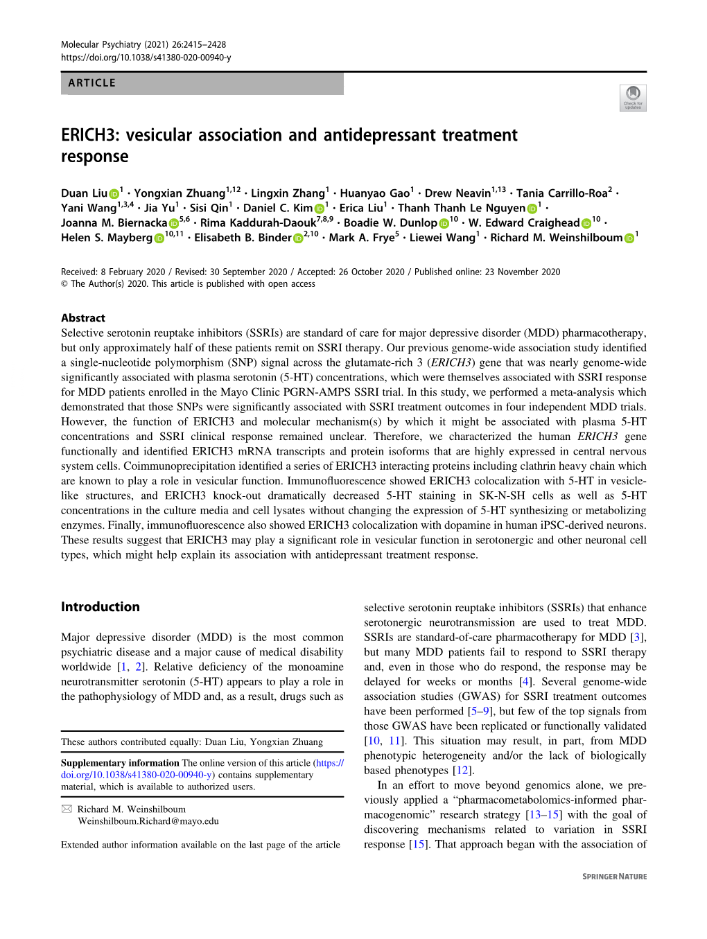 Vesicular Association and Antidepressant Treatment Response