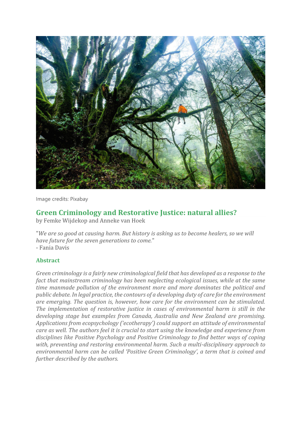 Green Criminology and Restorative Justice: Natural Allies? by Femke Wijdekop and Anneke Van Hoek