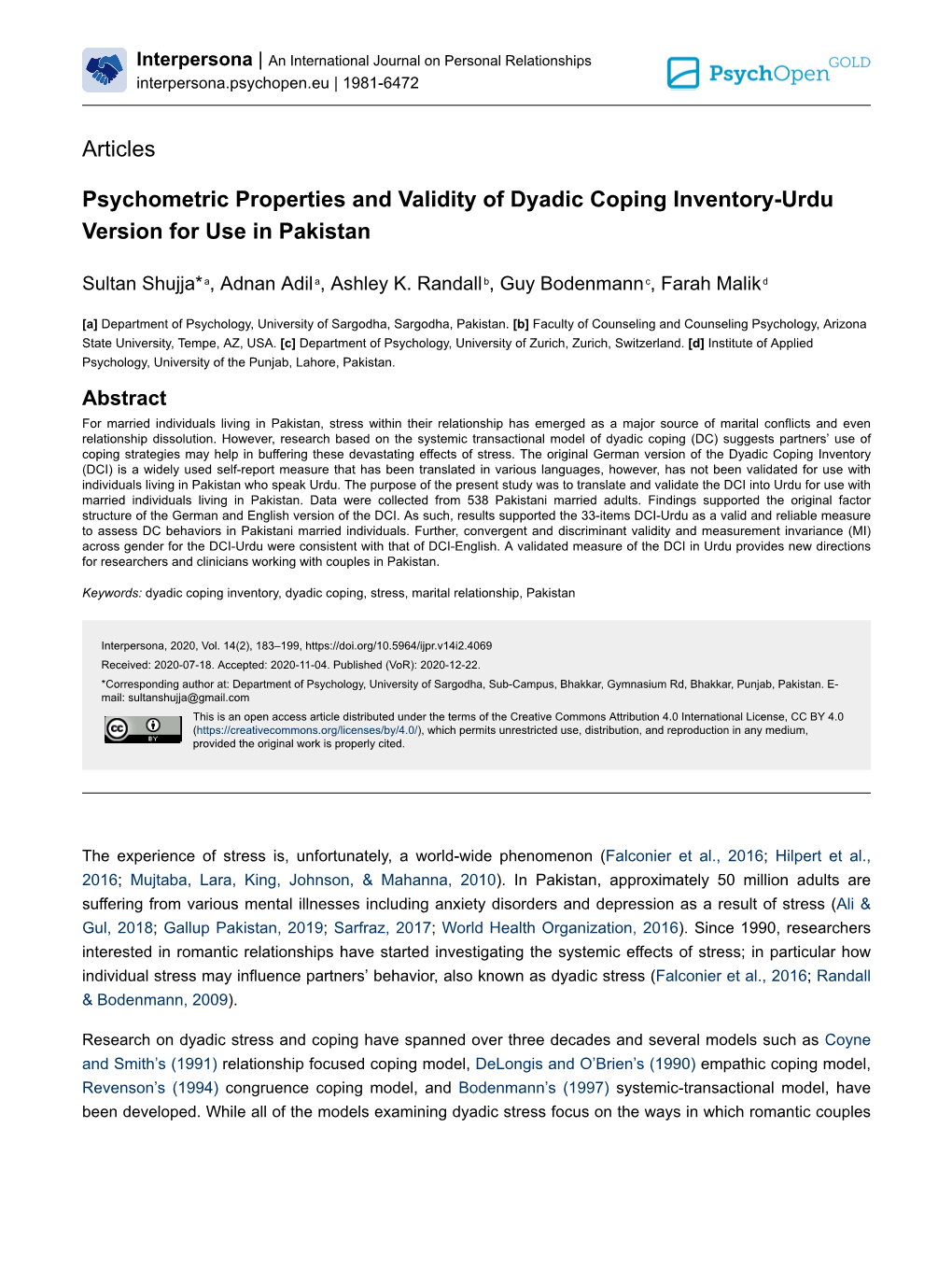 Psychometric Properties and Validity of Dyadic Coping Inventory-Urdu Version for Use in Pakistan