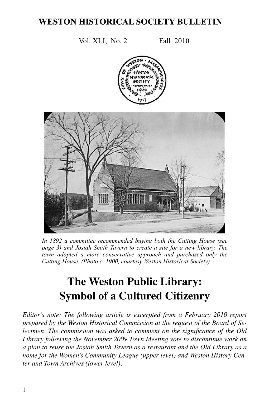 Weston Public Library: Symbol of a Cultured Citizenry