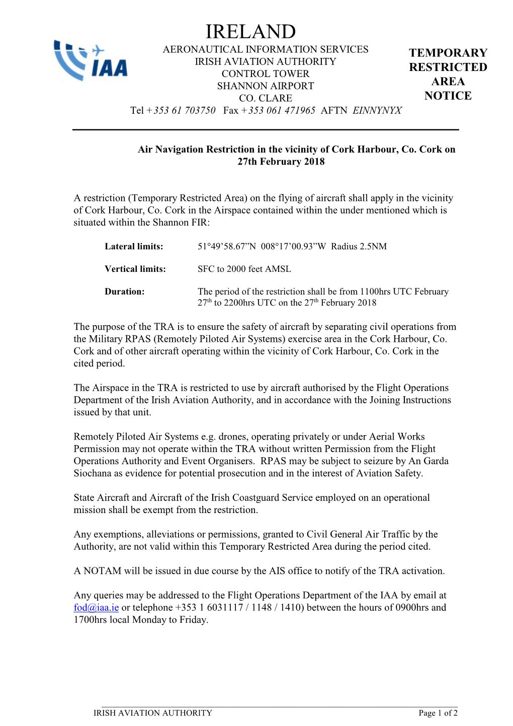 Ireland Aeronautical Information Services Temporary Irish Aviation Authority Restricted Control Tower Area Shannon Airport Co