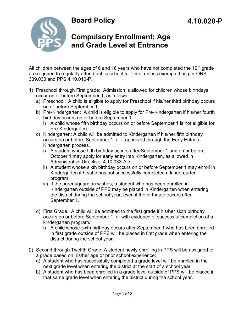 Age and Grade Level at Entrance 4.10.020-P