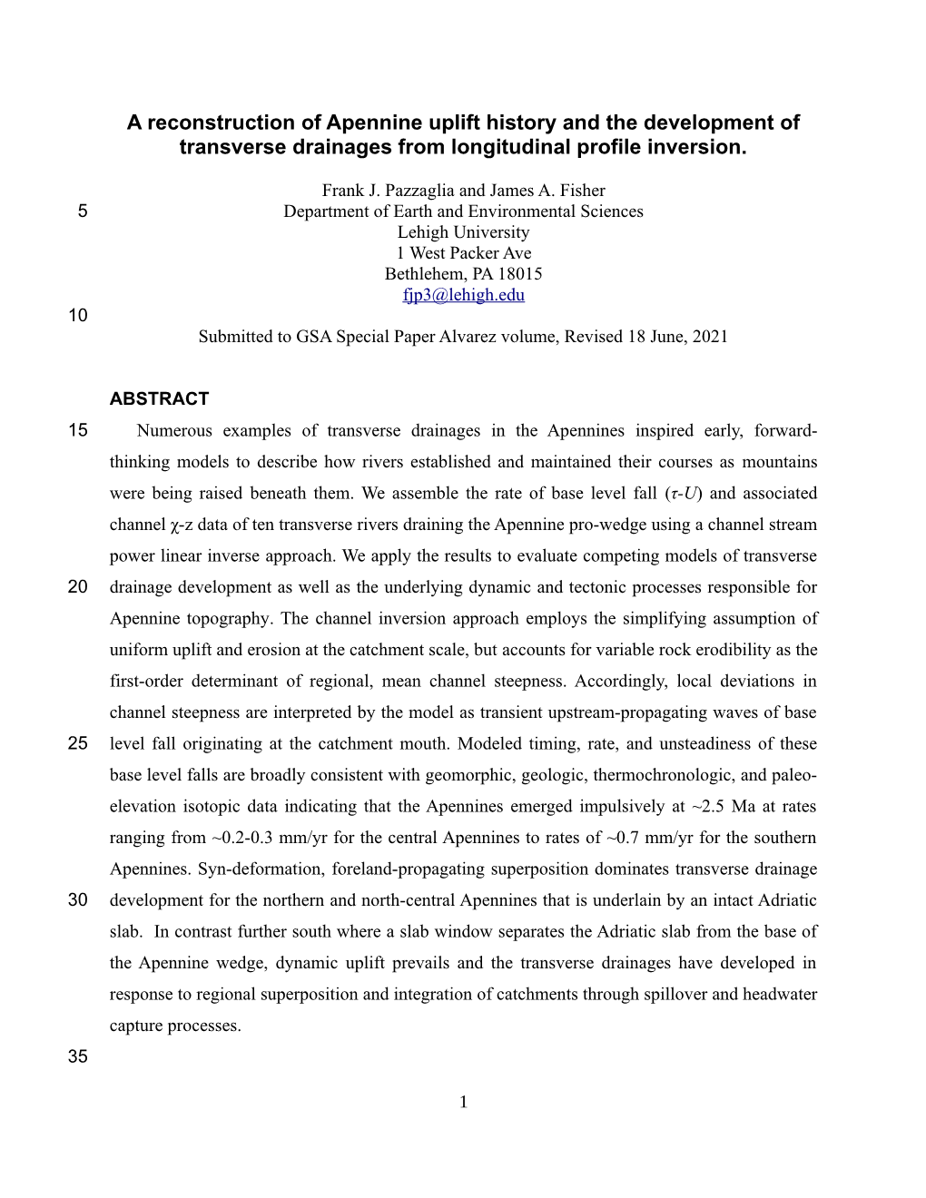 A Reconstruction of Apennine Uplift History and the Development of Transverse Drainages from Longitudinal Profile Inversion