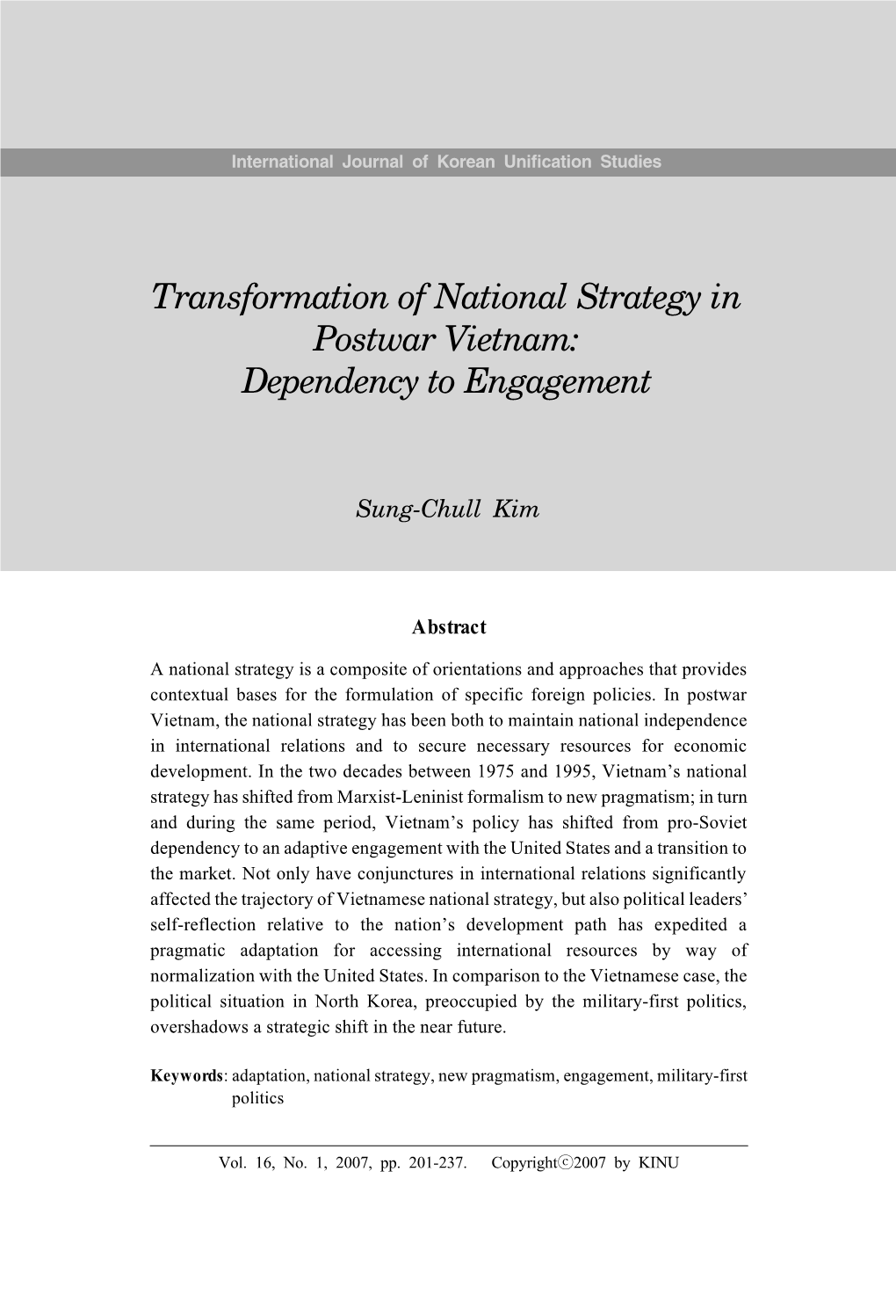 Transformation of National Strategy in Postwar Vietnam: Dependency to Engagement