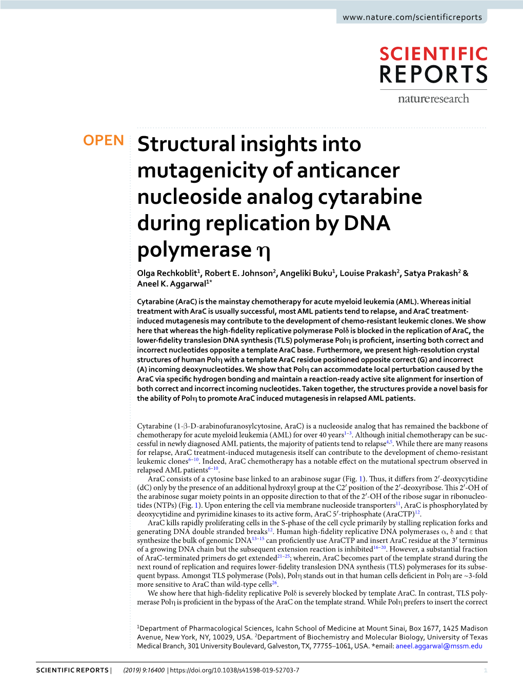 Structural Insights Into Mutagenicity of Anticancer Nucleoside Analog Cytarabine During Replication by DNA Polymerase Η Olga Rechkoblit1, Robert E