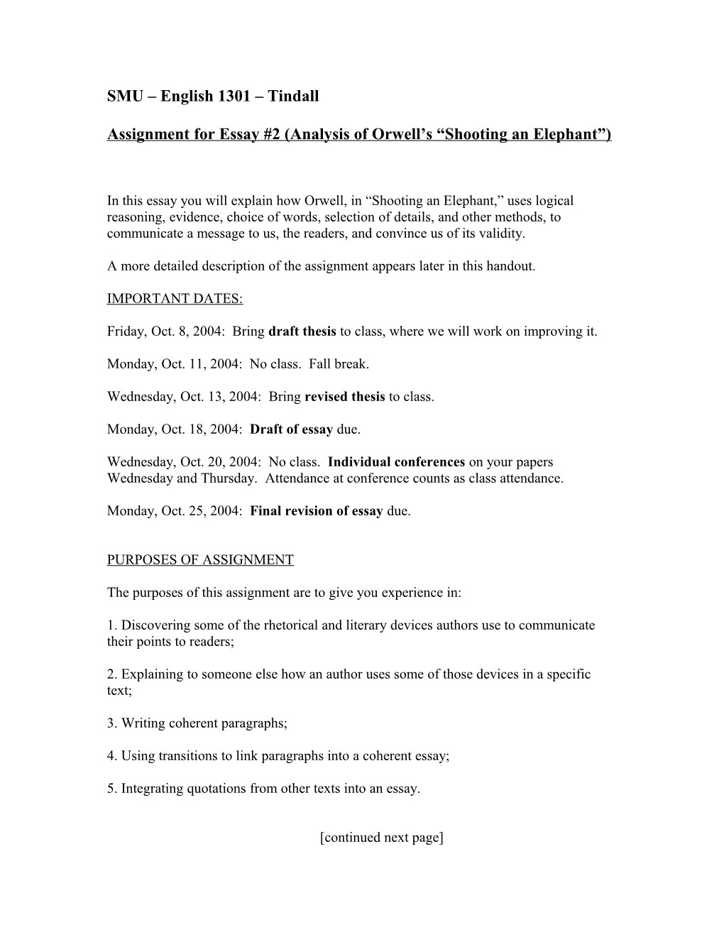 Assignment for Essay #2 (Analysis of Orwell S Shooting an Elephant )