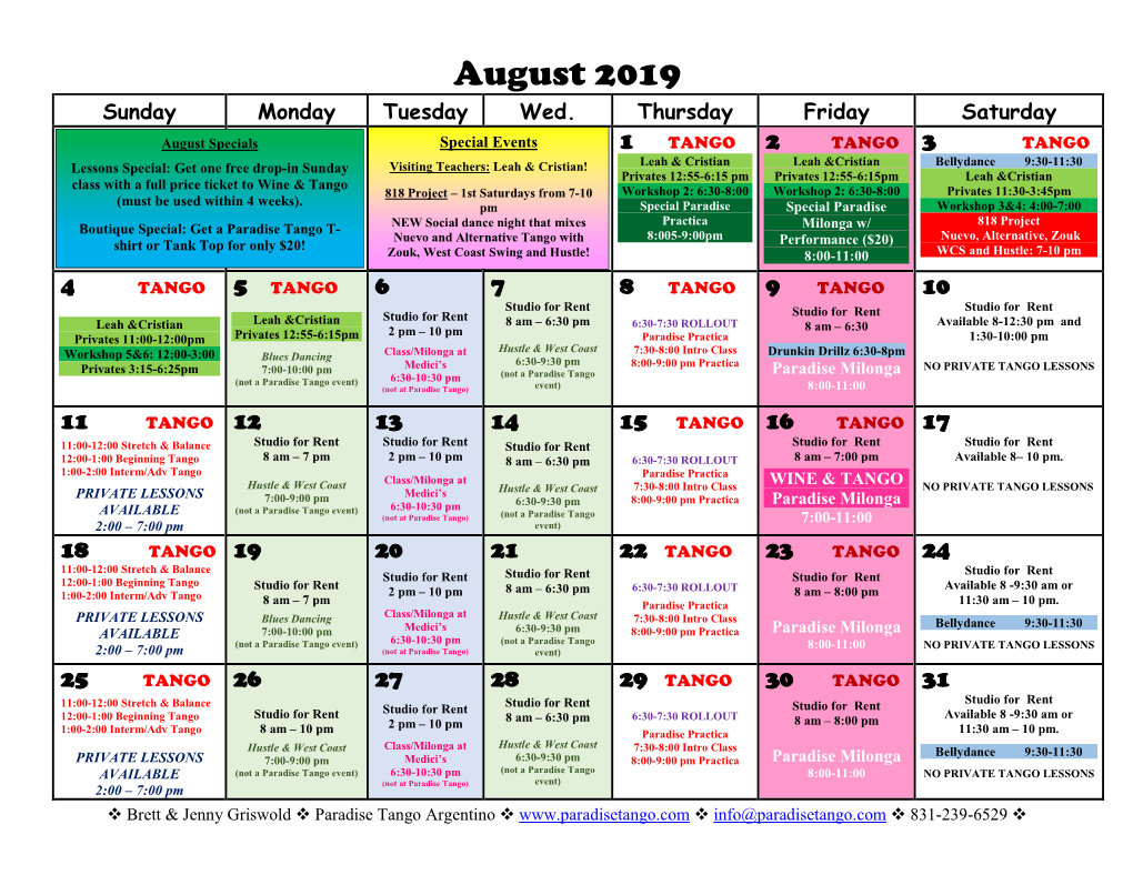 August 2019 Sunday Monday Tuesday Wed