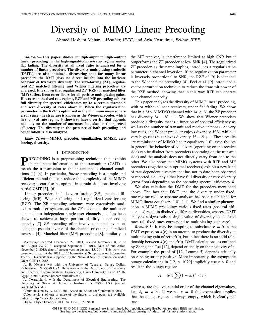 Diversity of MIMO Linear Precoding Ahmed Hesham Mehana, Member, IEEE, and Aria Nosratinia, Fellow, IEEE