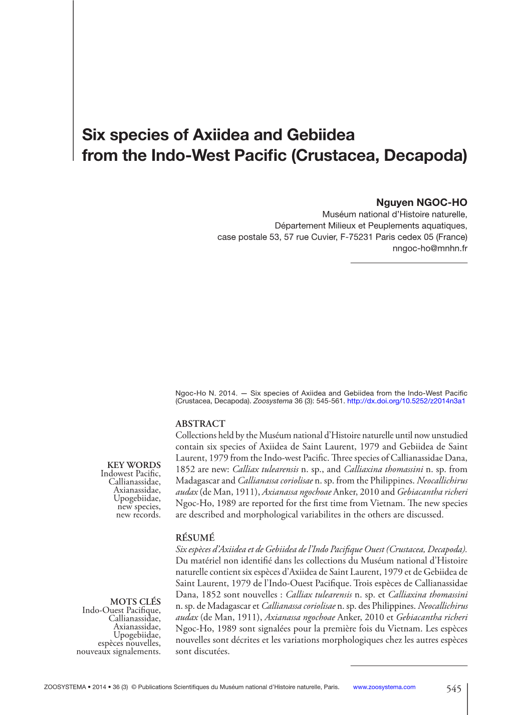 Six Species of Axiidea and Gebiidea from the Indo-West Pacific (Crustacea, Decapoda)