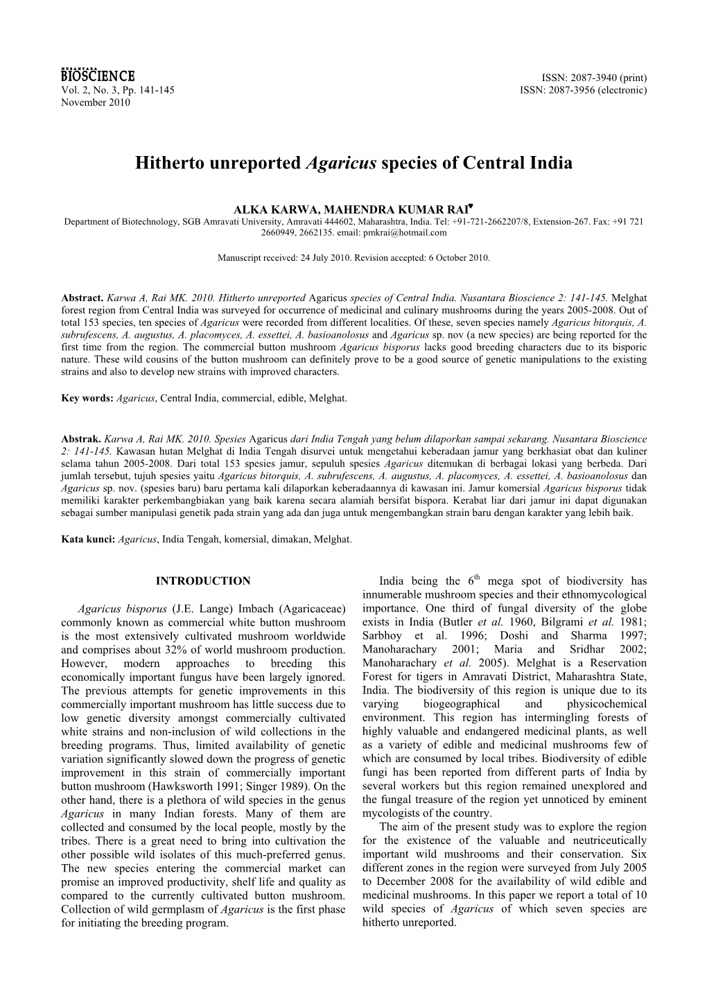 Hitherto Unreported Agaricus Species of Central India