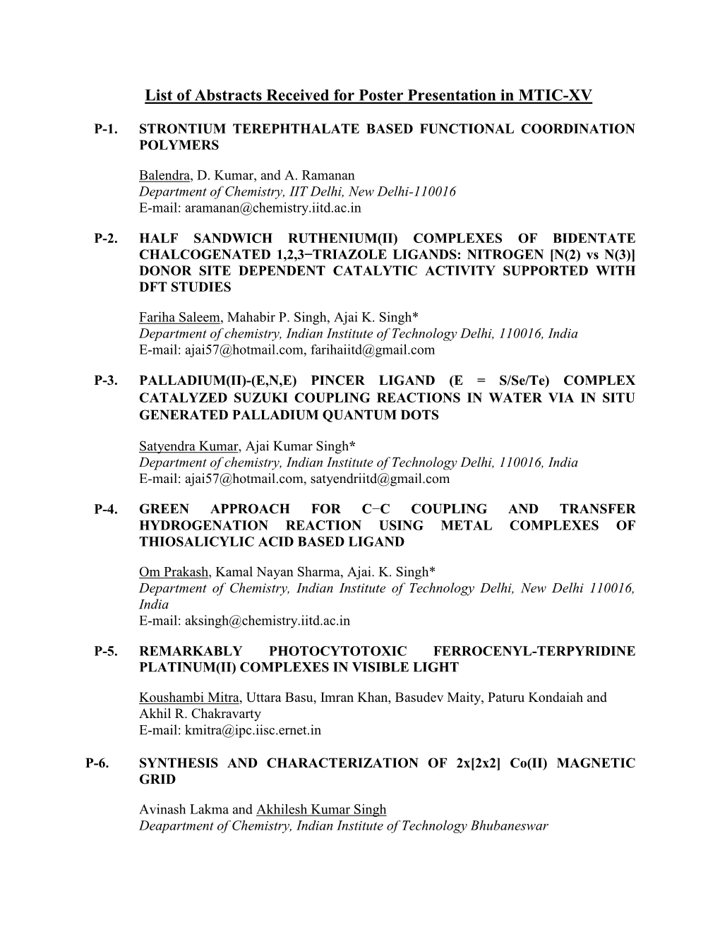 List of Abstracts Received for Poster Presentation in MTIC-XV