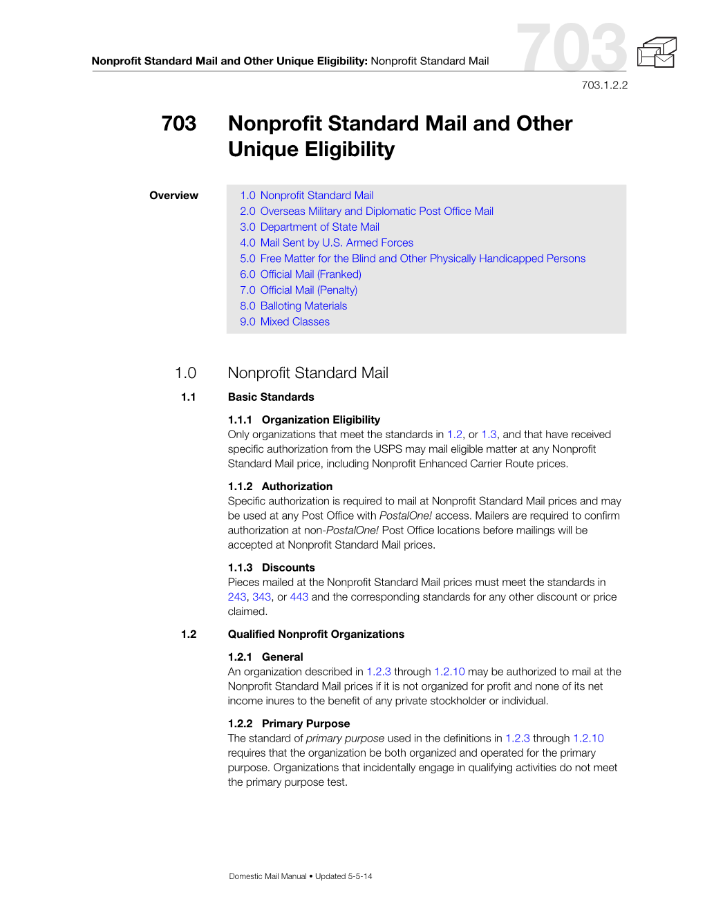 DMM 703 Nonprofit Standard Mail and Other Unique Eligibility
