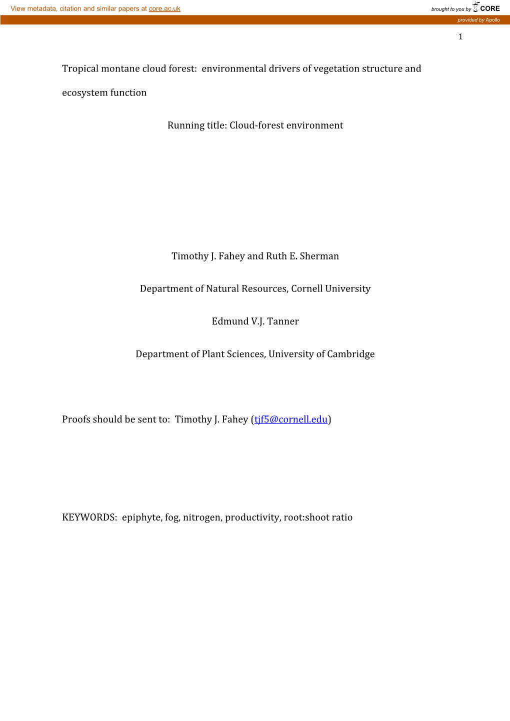 Tropical Montane Cloud Forest: Environmental Drivers of Vegetation Structure And