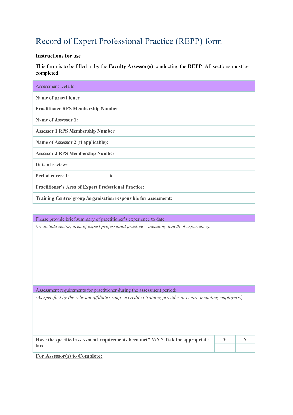 Record of Expert Professional Practice (REPP) Form