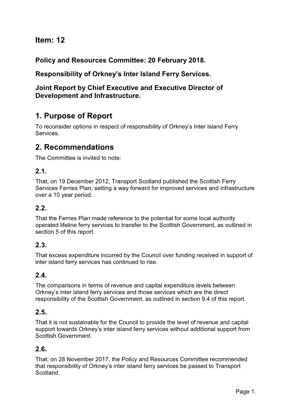 Item 12: Responsibility of Orkney's Inter Island Ferry Services